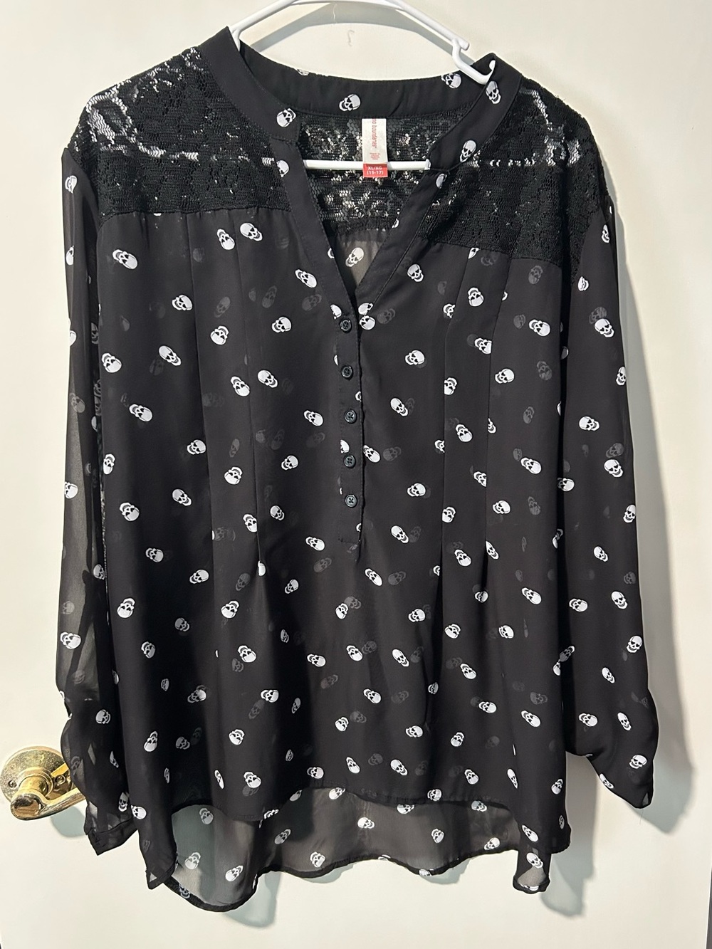 No Boundaries Black Skull-Print Lace Yoke Blouse